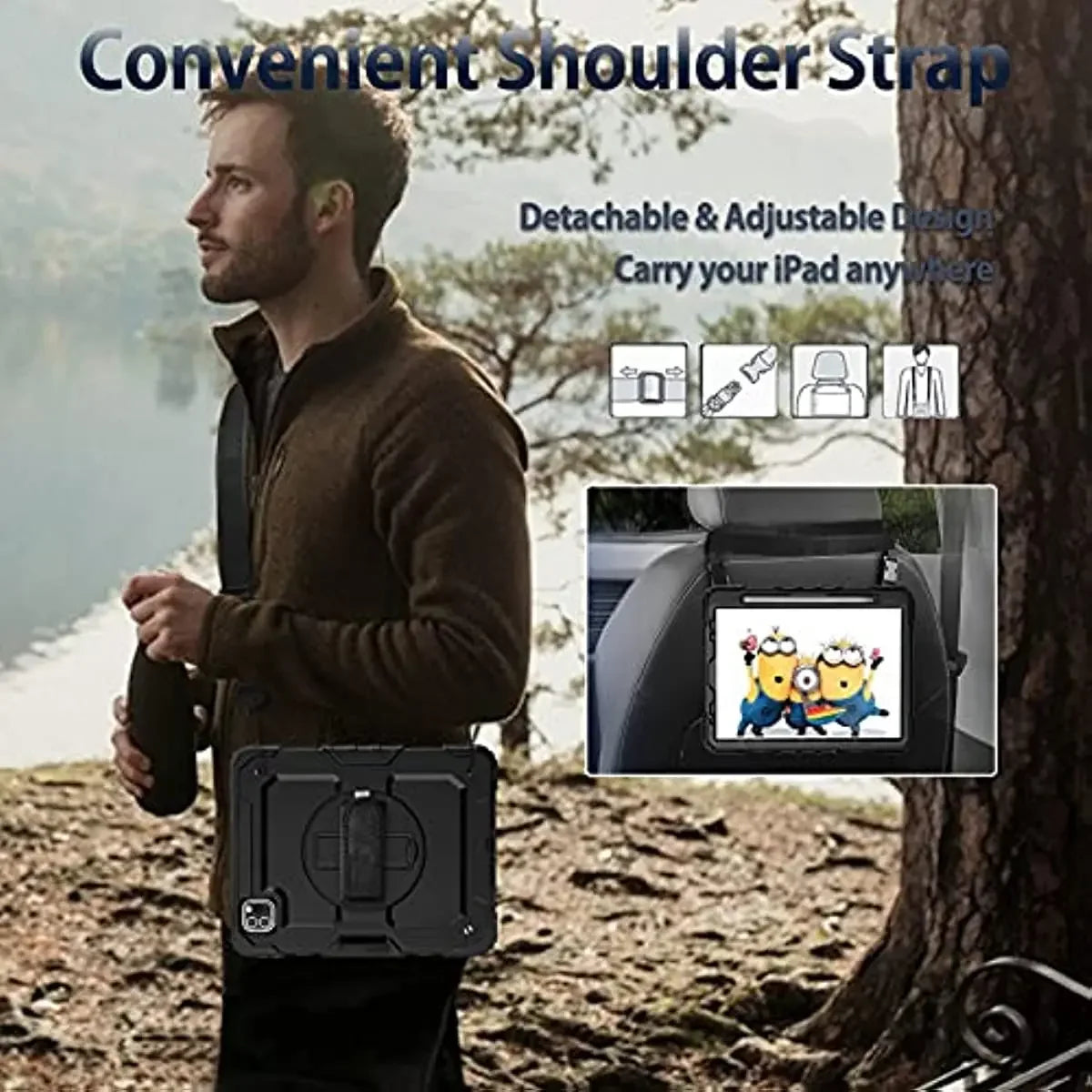 PureGuardCases Rugged Kickstand Case with Shoulder Strap for iPad
