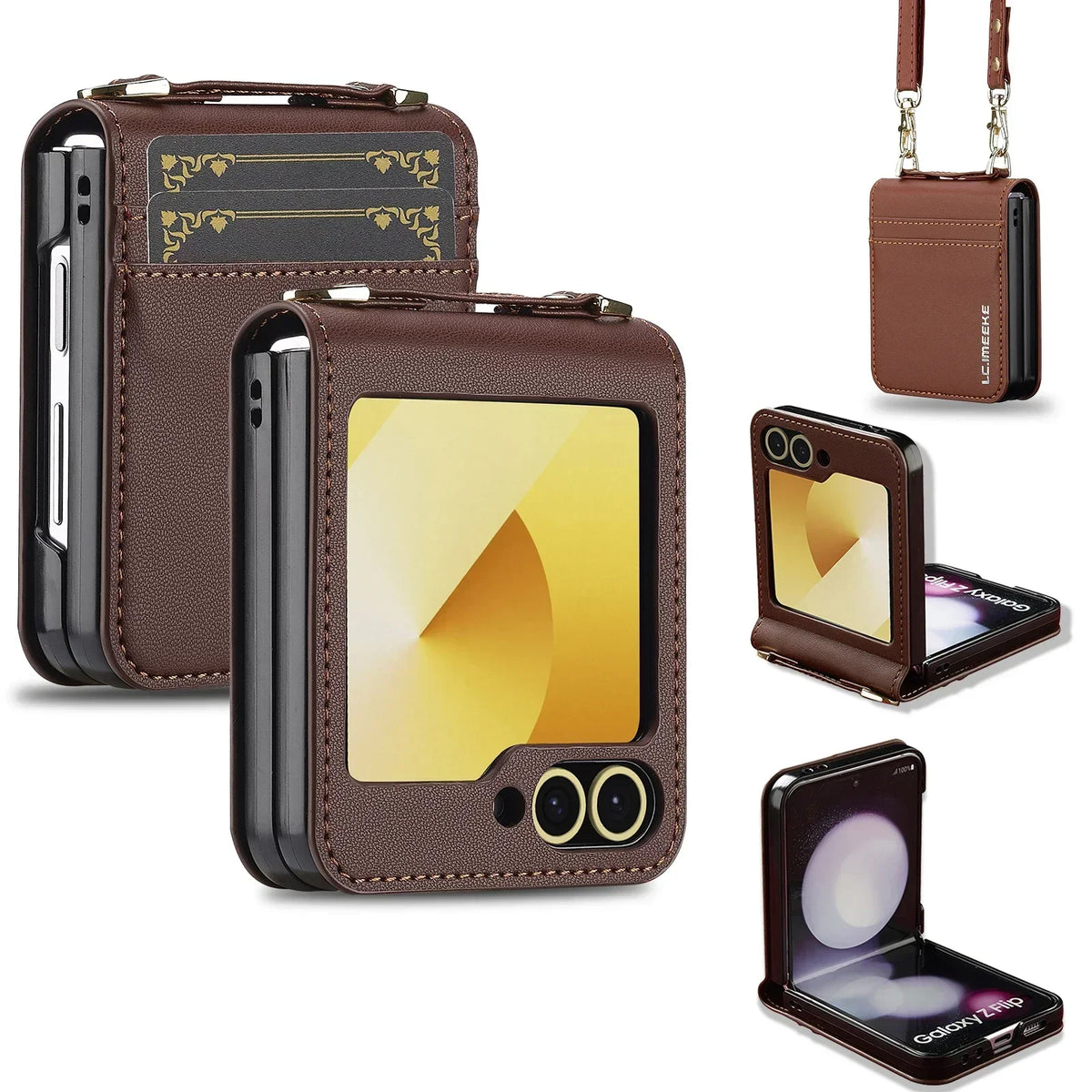 Brown PU leather crossbody wallet case with card slots and lanyard for Samsung Galaxy Z Flip 7 FE, 7, 6, 5, 4 and 3