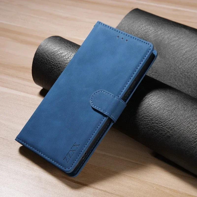 Blue magnetic flip leather wallet case with wrist strap for Samsung Galaxy Note 20 Ultra, Note 10 Plus and Note 9