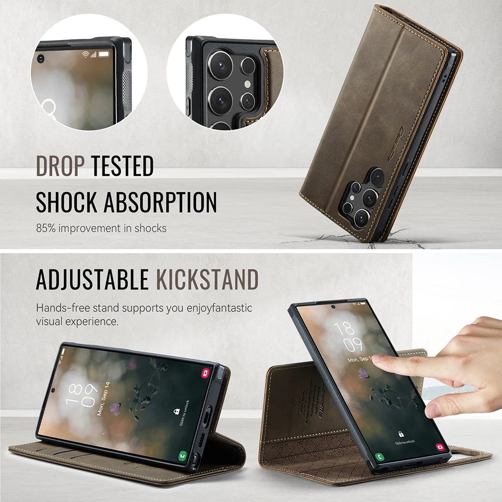 PureGuardCases Detachable Magnetic Wallet Leather Flip Case for Samsung Galaxy S20-S26 - MagSafe Book Cover