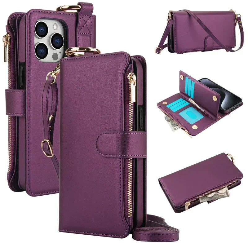 Dark purple crossbody zipper leather wallet case for iPhone 18 Pro Max, open and closed views