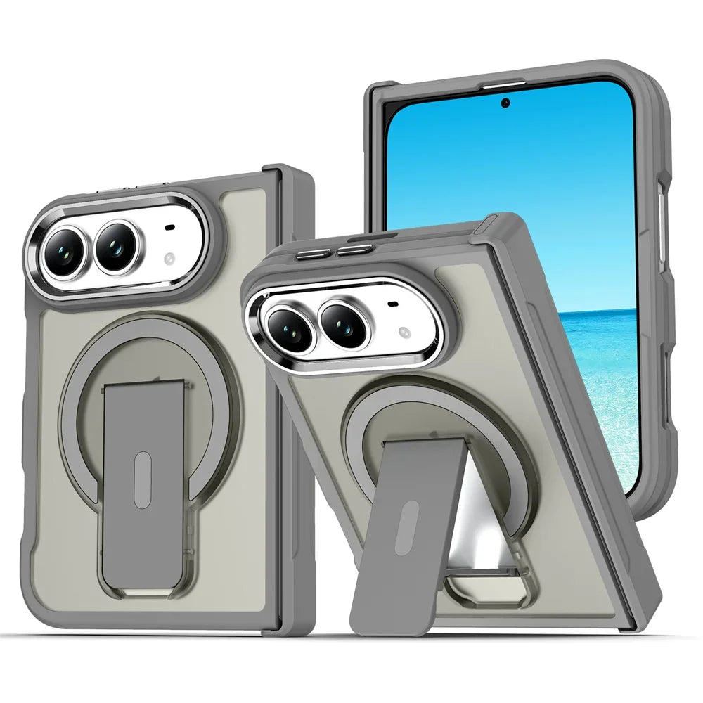 Gray hinge-armor frosted translucent MagSafe folding kickstand case for iPhone Duo, front, back and stand views