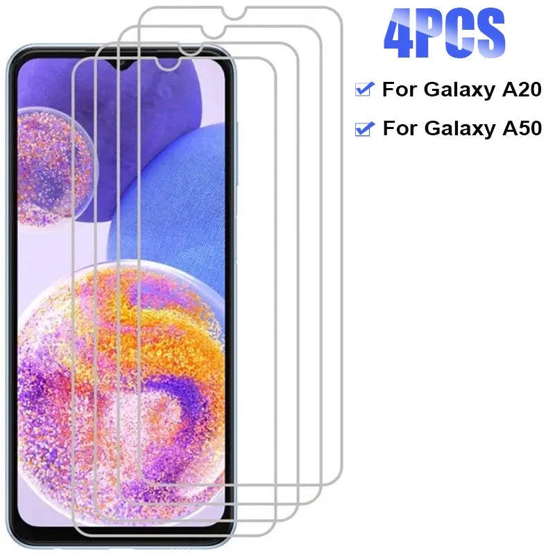 Four 9H tempered glass screen protectors stacked over a Samsung Galaxy A20 / A50 screen