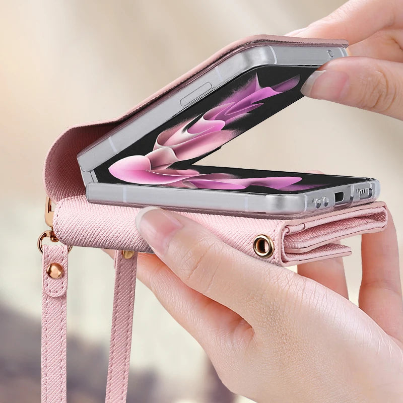 PureGuardCases Leather Wallet Case with Hand Strap for Samsung Galaxy Z Flip