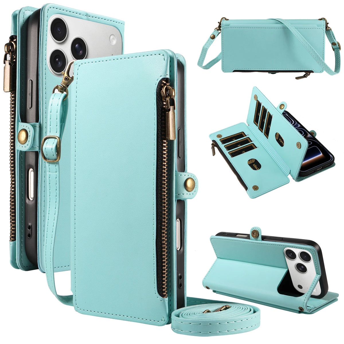 Mint green crossbody lanyard and wrist strap multi-card zipper leather flip wallet case for iPhone 18 to iPhone 11