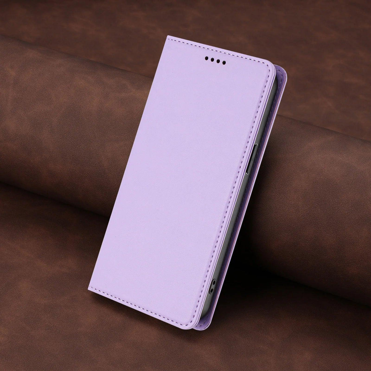 Lavender stitched PU leather magnetic flip wallet case for Samsung Galaxy S26 and S25 series, angled closed view