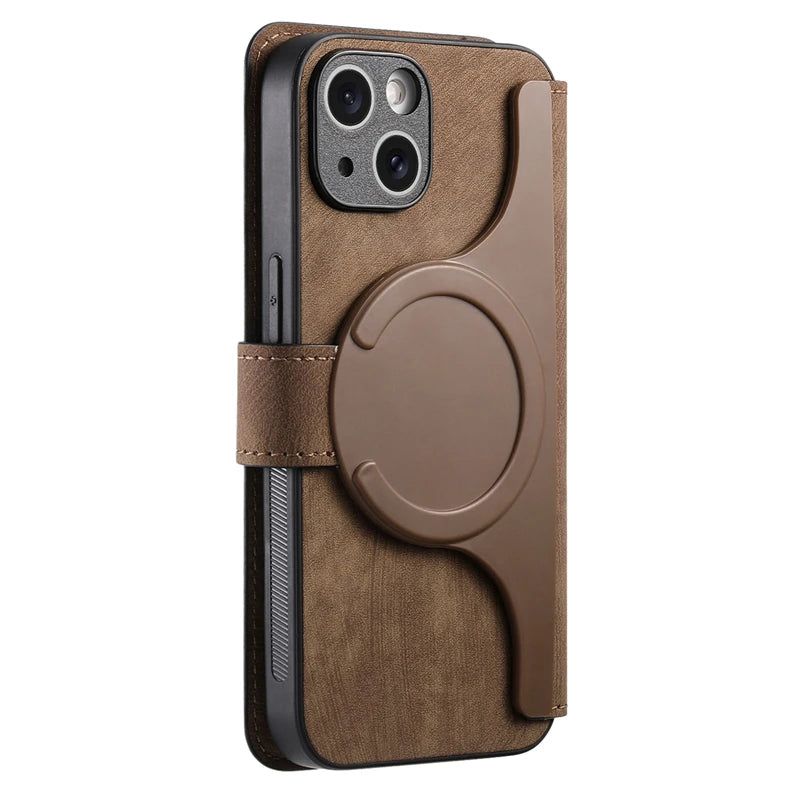 Brown 2-in-1 detachable MagSafe magnetic flip card holder wallet case for iPhone 18 to 11 series showing open card slots