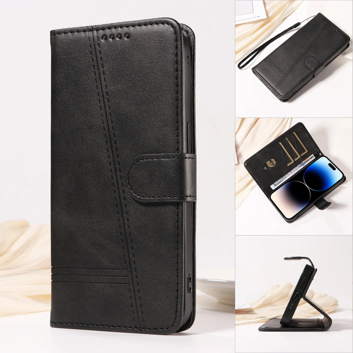 Stitched Wallet Case iPhone 12-18, Black