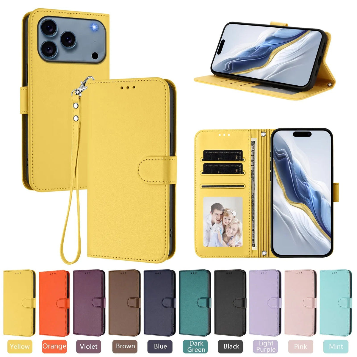 Lanyard Flip Wallet Case iPhone 11-18, front & back