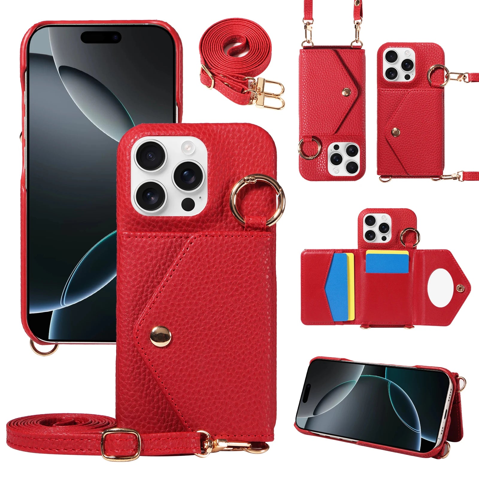 PureGuardCases PU Leather Crossbody Wallet iPhone Case – Mirror Card Holder Protective Cover