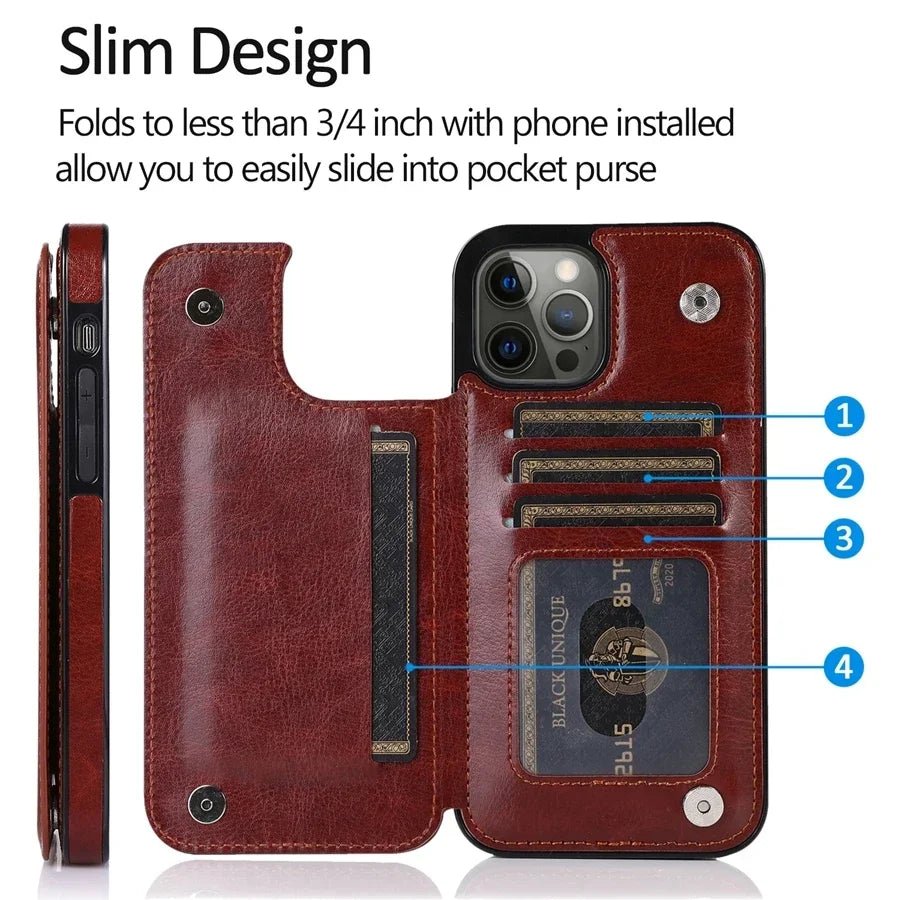 Open rear card wallet propping the iPhone horizontally as a hands-free viewing stand