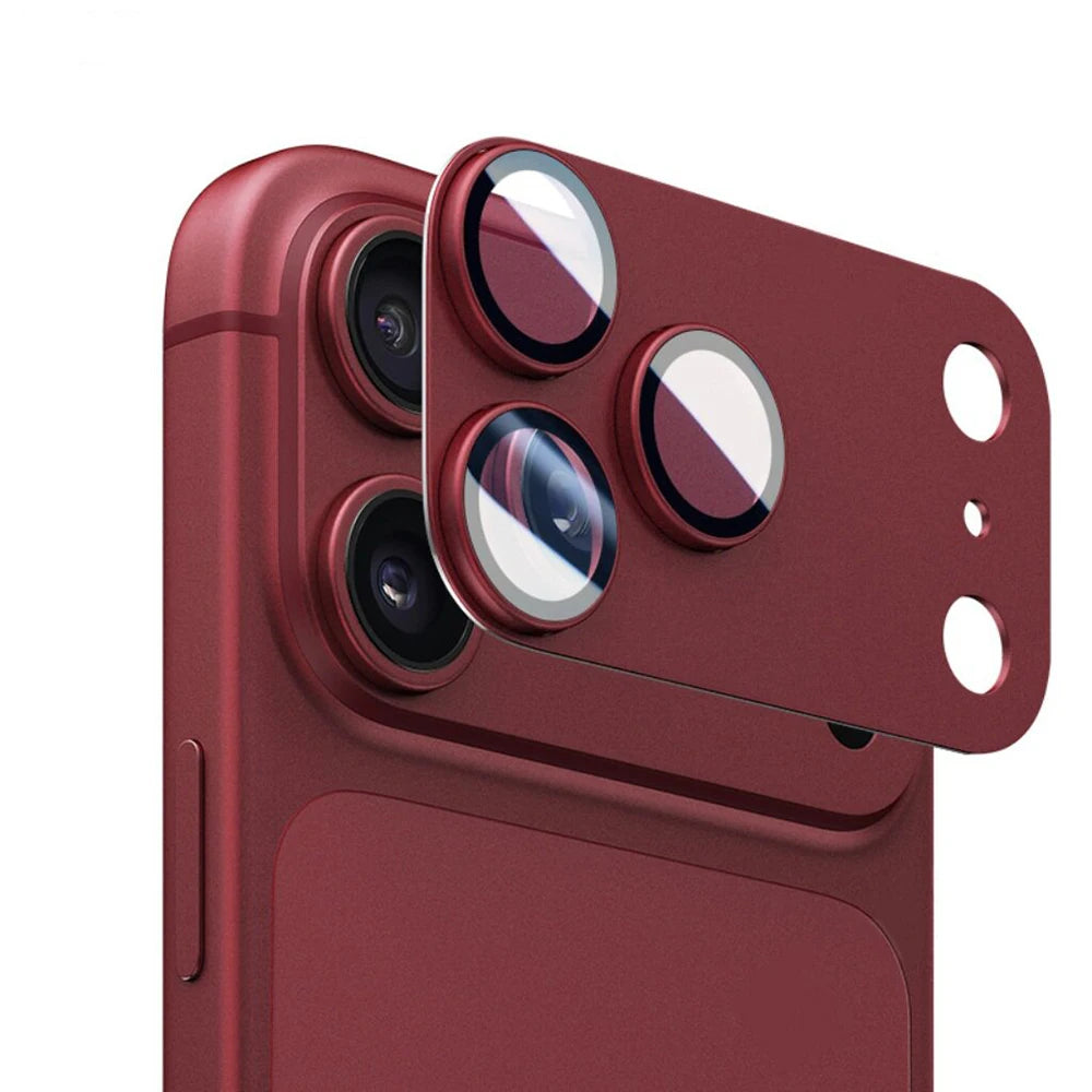 Wine red metal frame camera lens protector covering a red iPhone Pro camera module