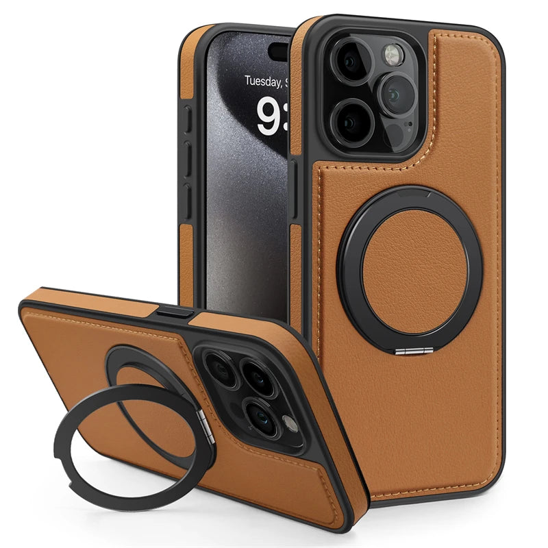 PureGuardCases 360° Rotating Ring Leather iPhone Case – MagSafe Magnetic Stand Cover