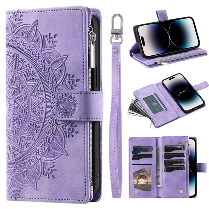 Purple mandala embossed iPhone wallet case showing front zipper and interior card slots