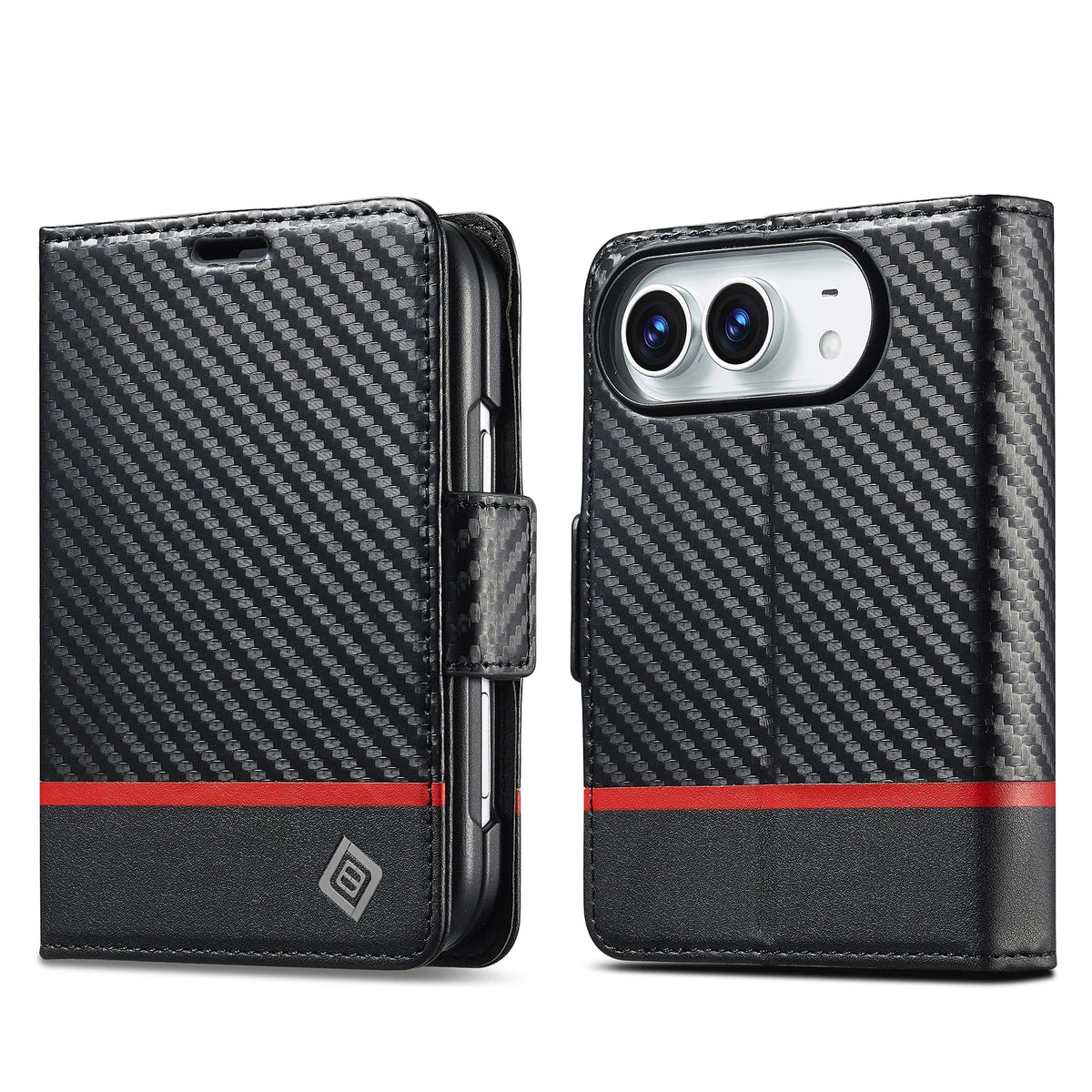 Carbon Fiber Wallet Case iPhone Duo, Black Red H-Stripe