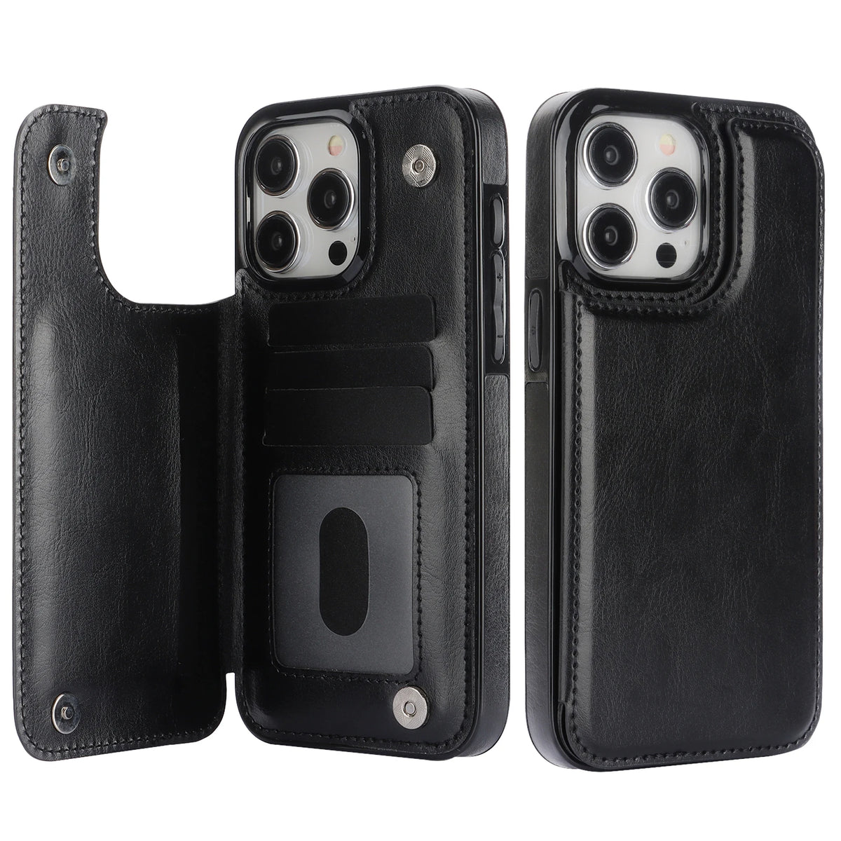 Black retro double-clasp leather flip card holder wallet stand case for iPhone 18 to 11 showing open card slots and back