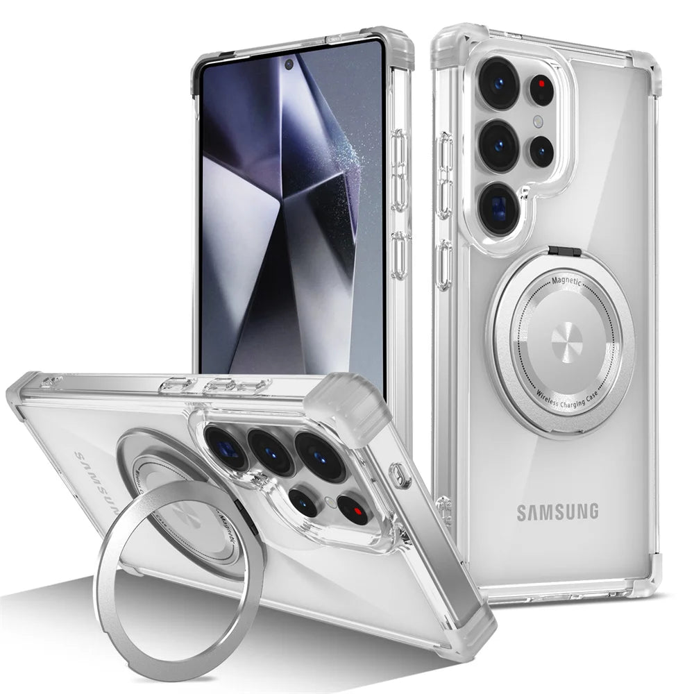 Clear 360-degree rotating magnetic ring stand case for Samsung Galaxy S26, S25, S24, S23, S22 and S21 series
