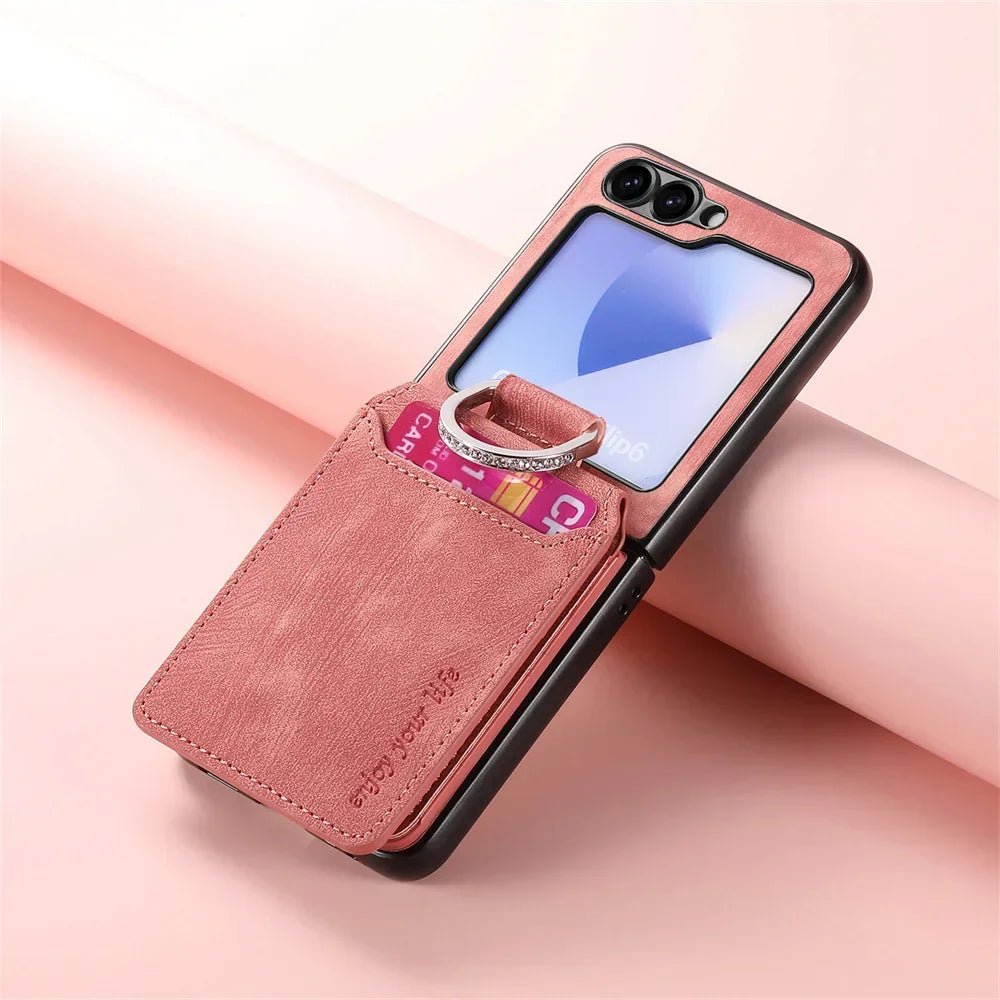 PureGuardCases Retro Leather Wallet Case with Ring Stand for Samsung Galaxy Z Flip