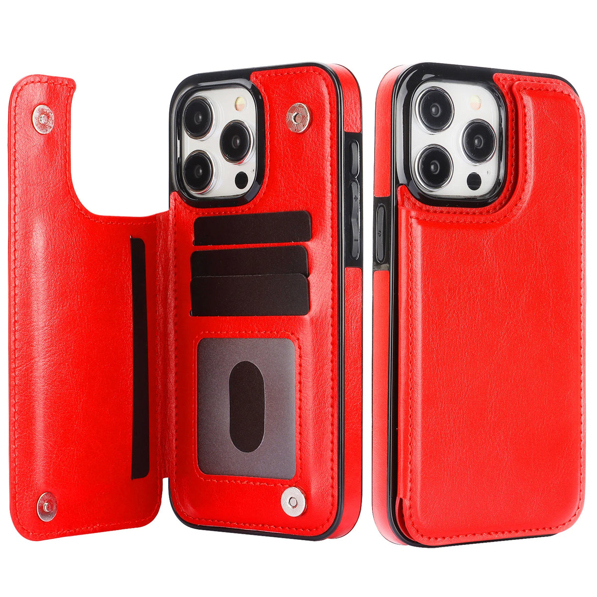 Red retro double-clasp leather flip card holder wallet stand case for iPhone 18 to 11 showing open card slots and back