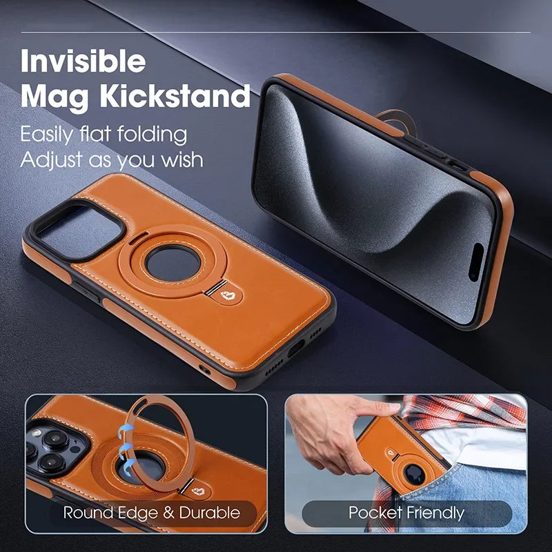 PureGuardCases Folding Ring Stand Leather iPhone Case – MagSafe Magnetic Cover