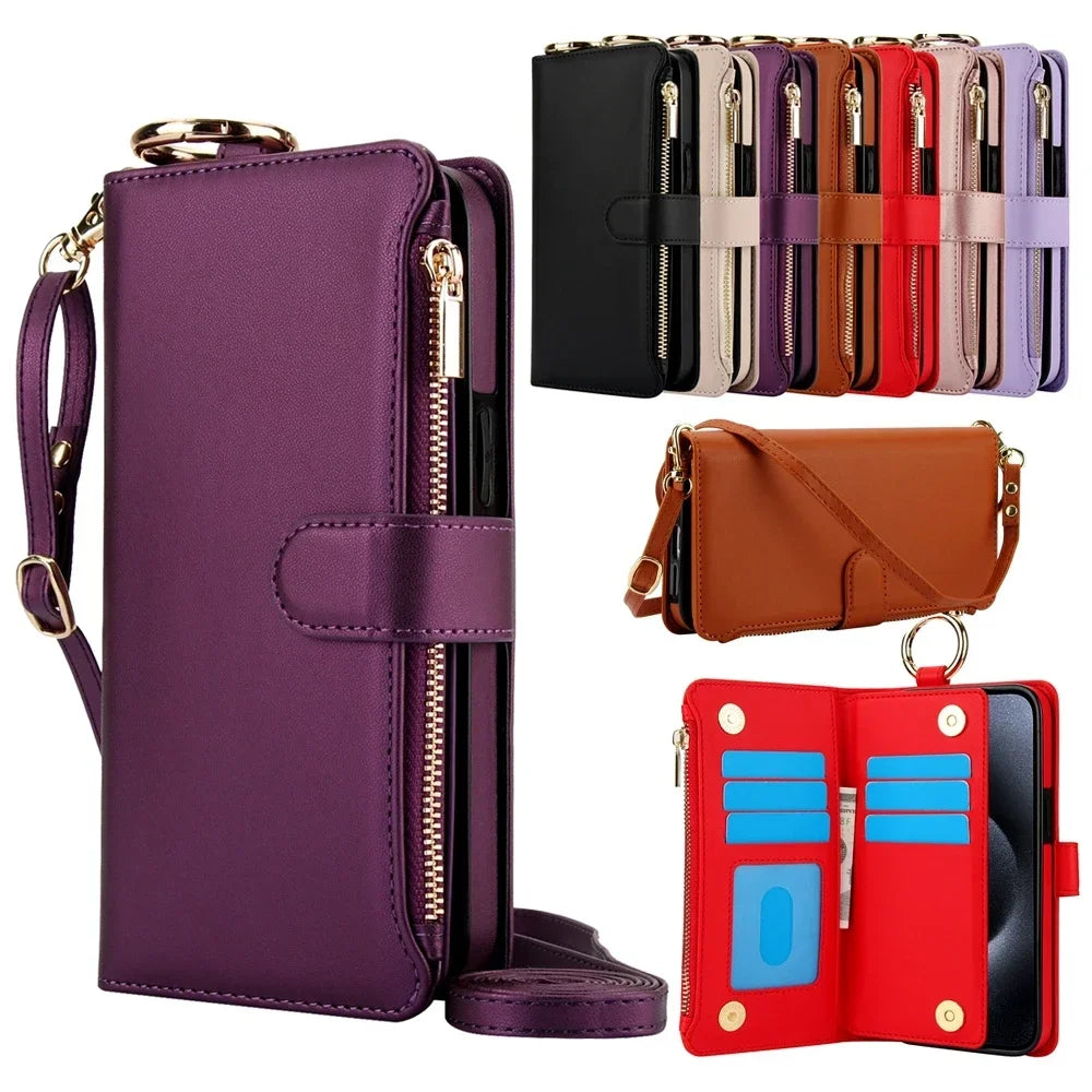 Multi-function zipper leather wallet case for iPhone with crossbody strap and ring holder