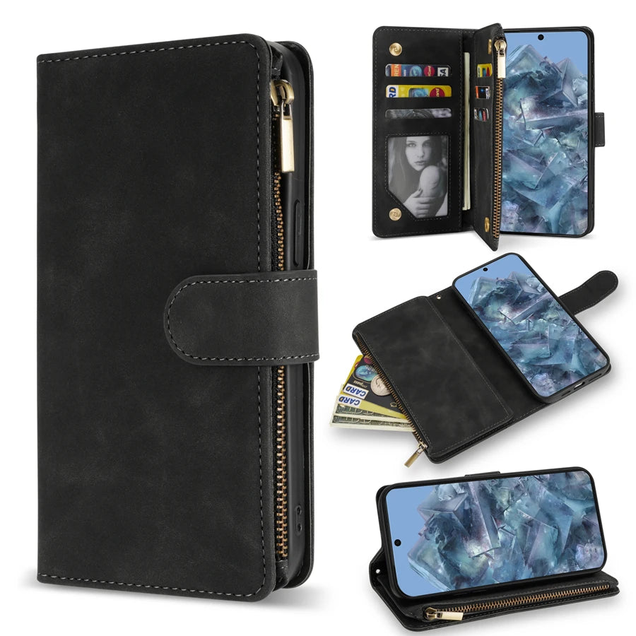PureGuardCases Zipper Leather Wallet Case for Google Pixel