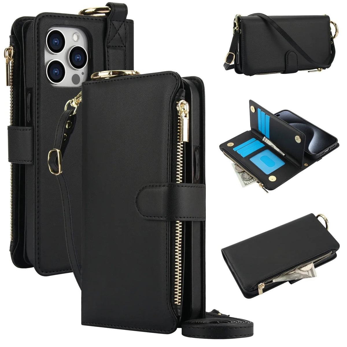 Black crossbody zipper leather wallet case for iPhone 18 Pro Max showing straps, open card slots and kickstand