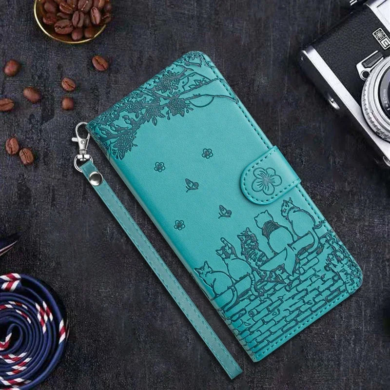 Cat Embossed Wallet Case iPhone 11-18, Teal