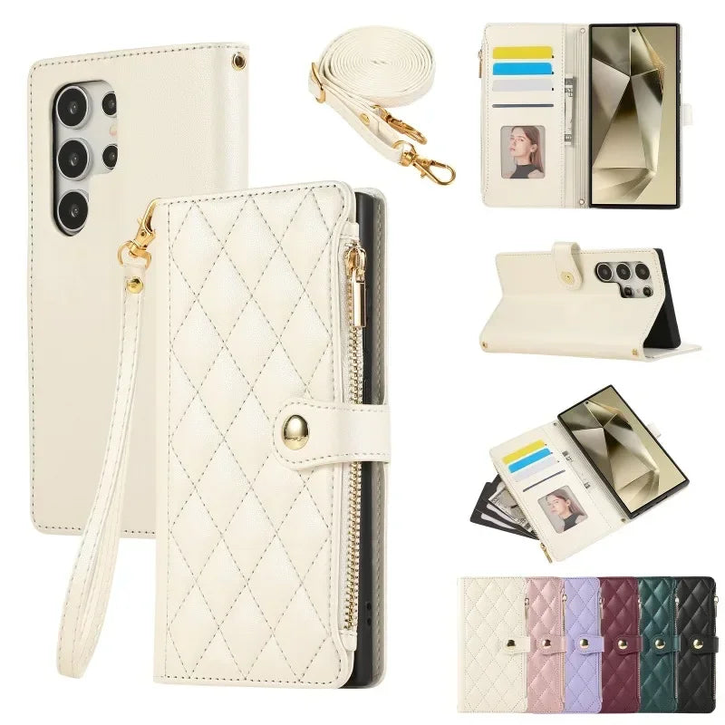 White quilted zipper crossbody leather wallet case for Samsung Galaxy S26, open and closed views