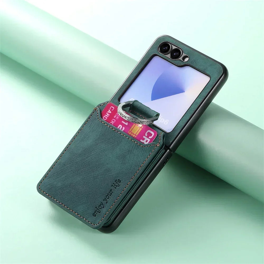 PureGuardCases Retro Leather Wallet Case with Ring Stand for Samsung Galaxy Z Flip