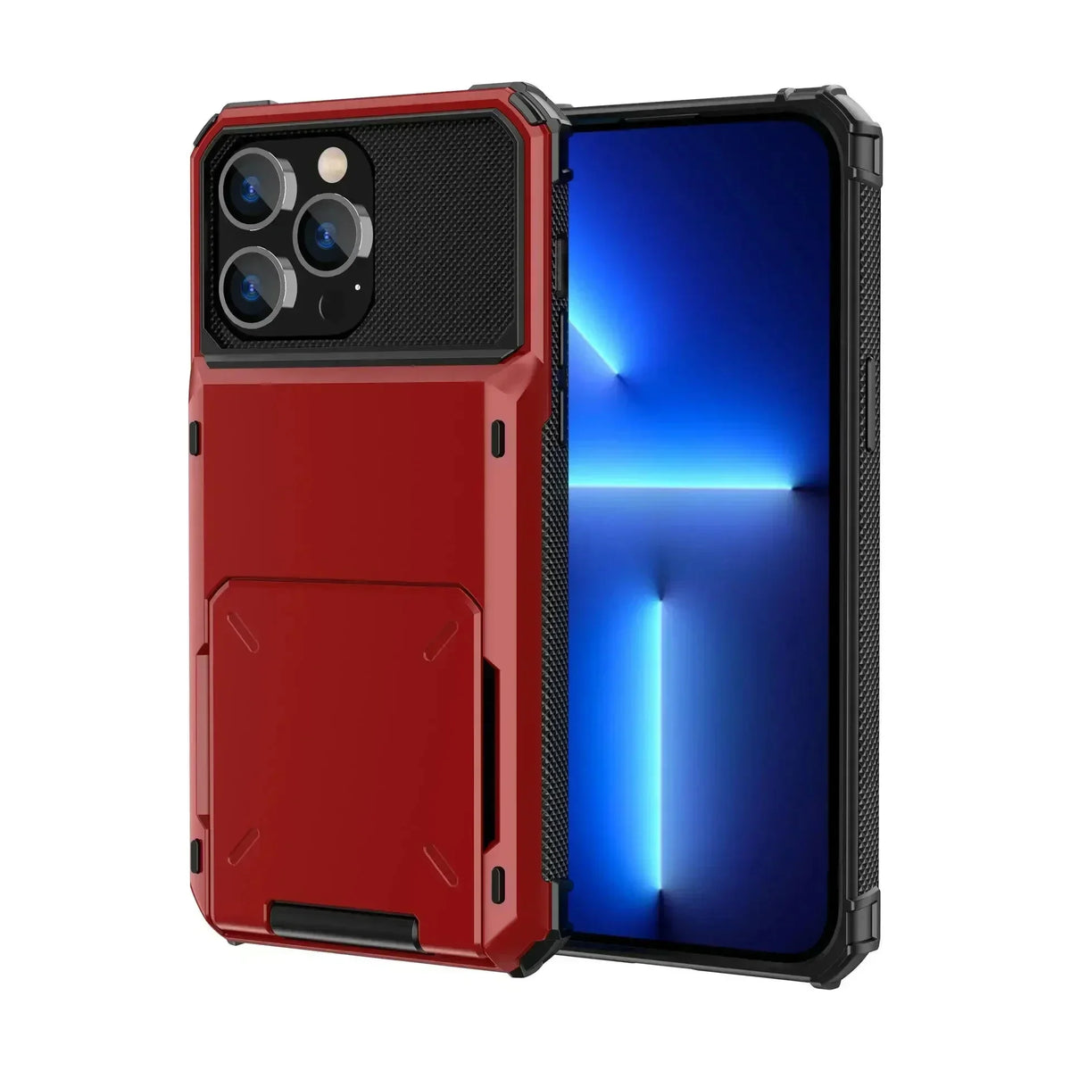 Red heavy-duty dual-layer slide card holder armor case for iPhone 18, 17, 17e, Air, 16e and 16-11 series