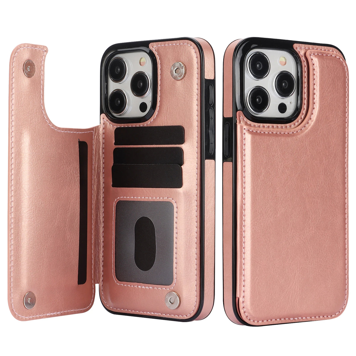Rose gold retro double-clasp leather flip card holder wallet stand case for iPhone 18 to 11 showing open card slots and back