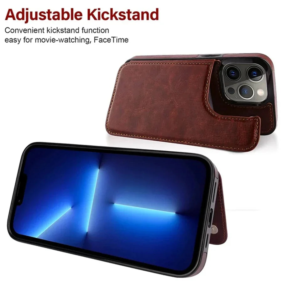 Rear flip card holder storing multiple credit cards, ID photo and folded cash