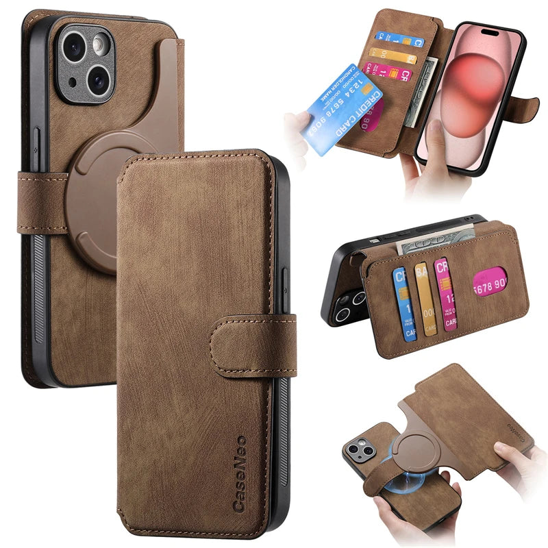 Brown 2-in-1 detachable MagSafe magnetic flip card holder wallet case for iPhone 18 to 11 series, closed rear view