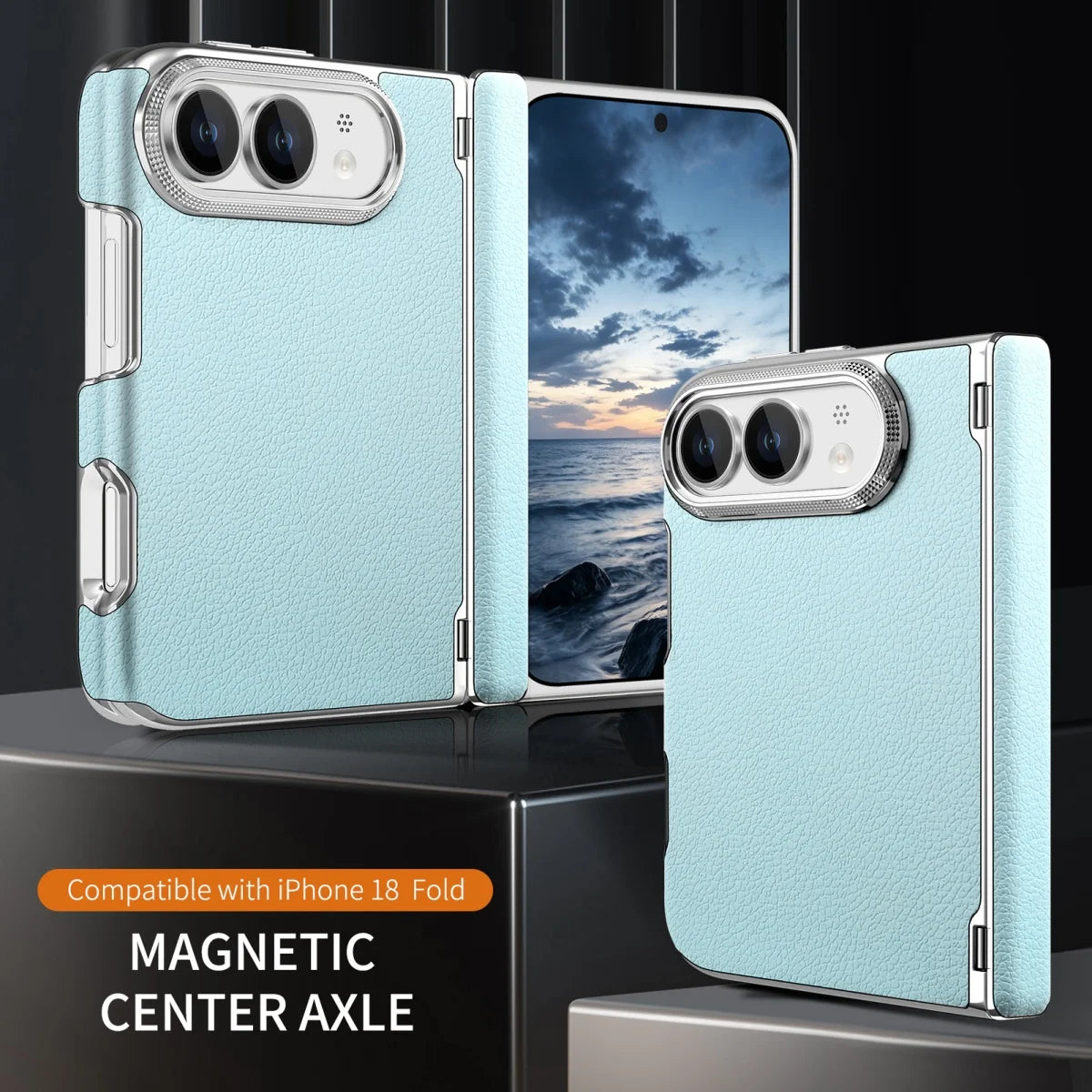 Lychee Leather Hinge Case for iPhone Duo, Magnetic Axle - Product View 3
