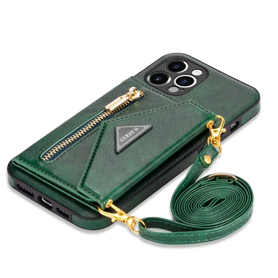PureGuardCases Crossbody Zipper Wallet iPhone Case – Magnetic Flip Card Holder Leather Cover