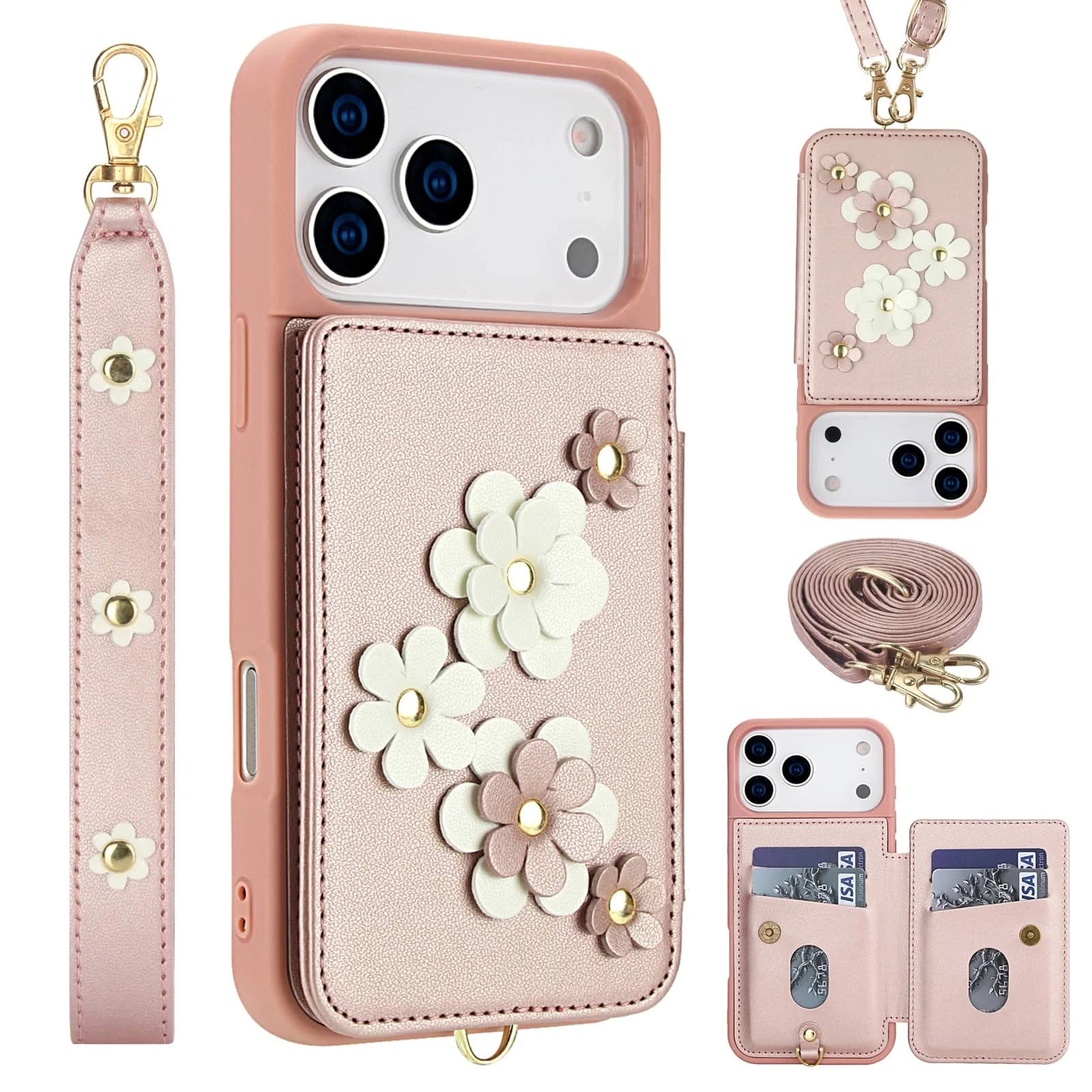 PureGuardCases Floral Crossbody Wallet iPhone Case – Magnetic Kickstand Card Holder Cover