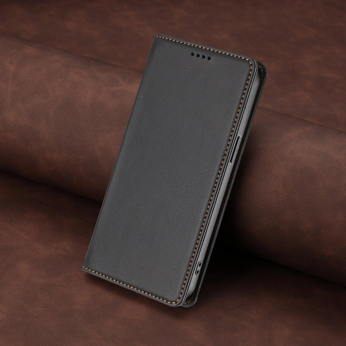 Black stitched PU leather magnetic flip wallet case for Samsung Galaxy S26 and S25 series, angled closed view