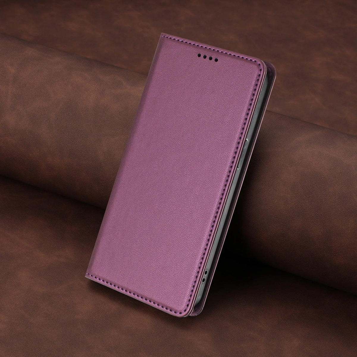 Violet stitched PU leather magnetic flip wallet case for Samsung Galaxy S26 and S25 series, angled closed view