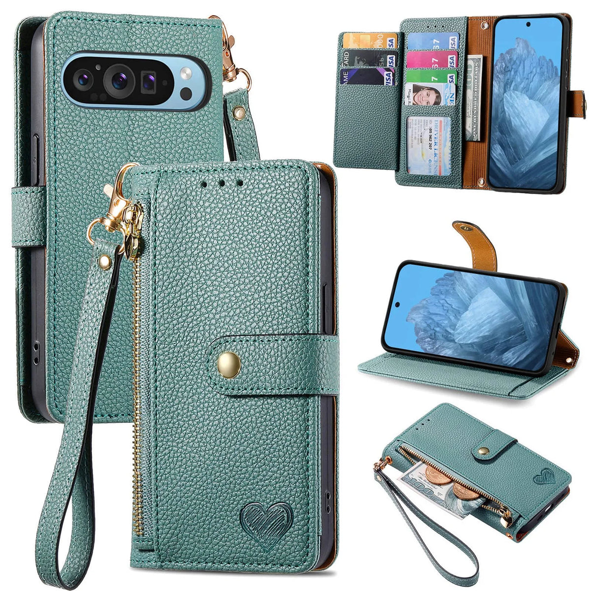 Green PU leather zipper wallet case with wrist strap and card slots for Google Pixel 10, 9, 8, 7 and 6 series