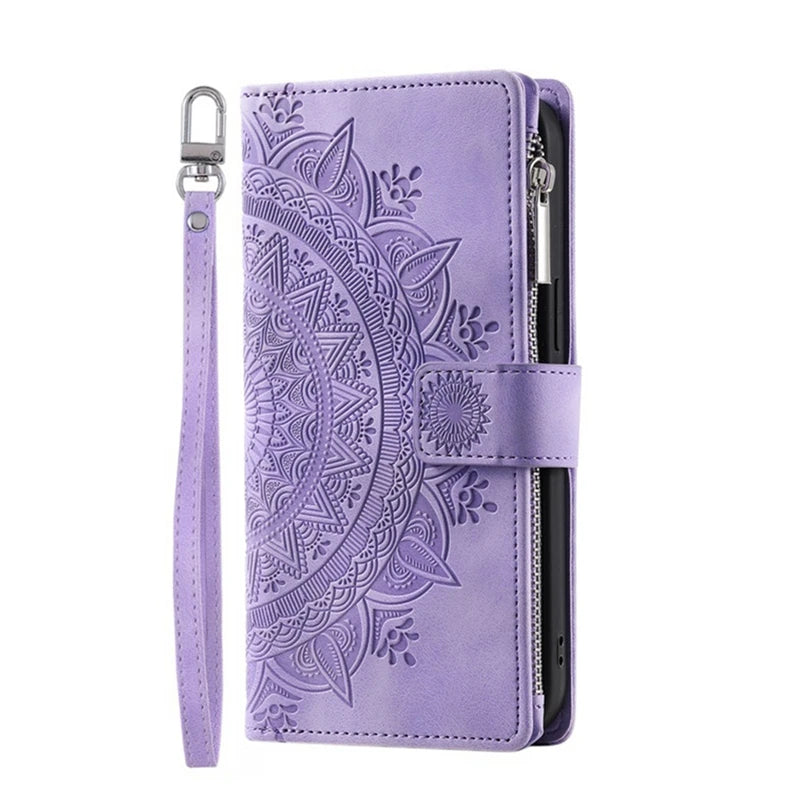 Purple mandala embossed zipper leather wallet case with wrist strap for iPhone