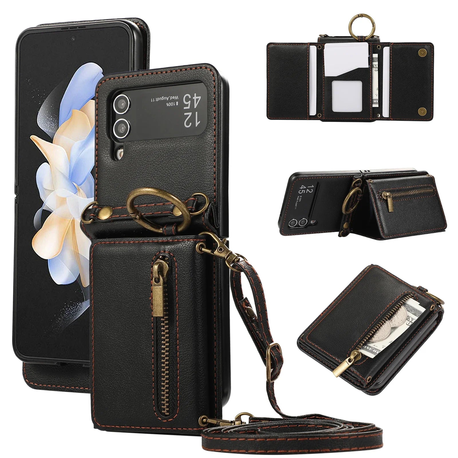 PureGuardCases Crossbody Soft Leather Wallet Case for Samsung Galaxy Z Flip