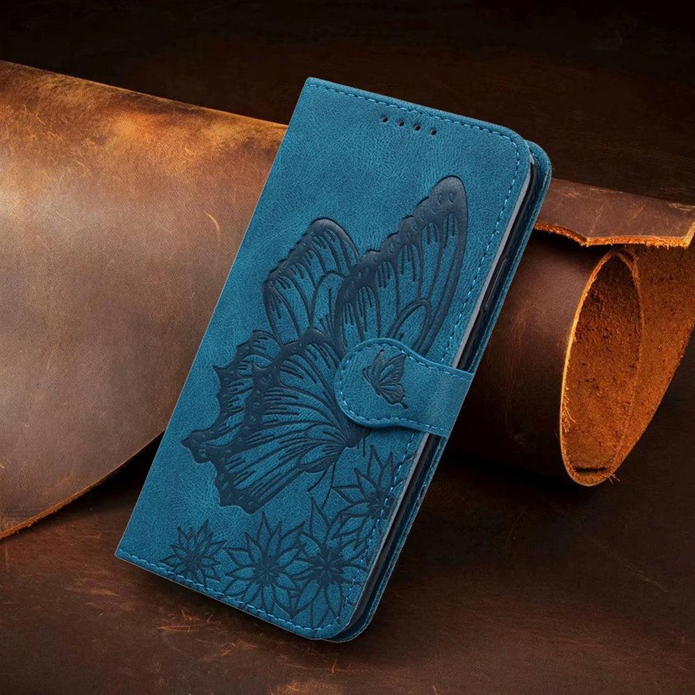 Blue butterfly embossed leather flip wallet case for Samsung Galaxy S26 to S20 series, single closed view
