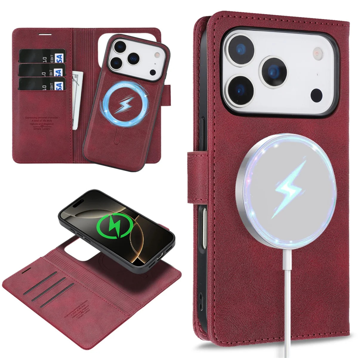 PureGuardCases 2-in-1 Magnetic Leather Wallet iPhone Case – MagSafe Card Holder Cover