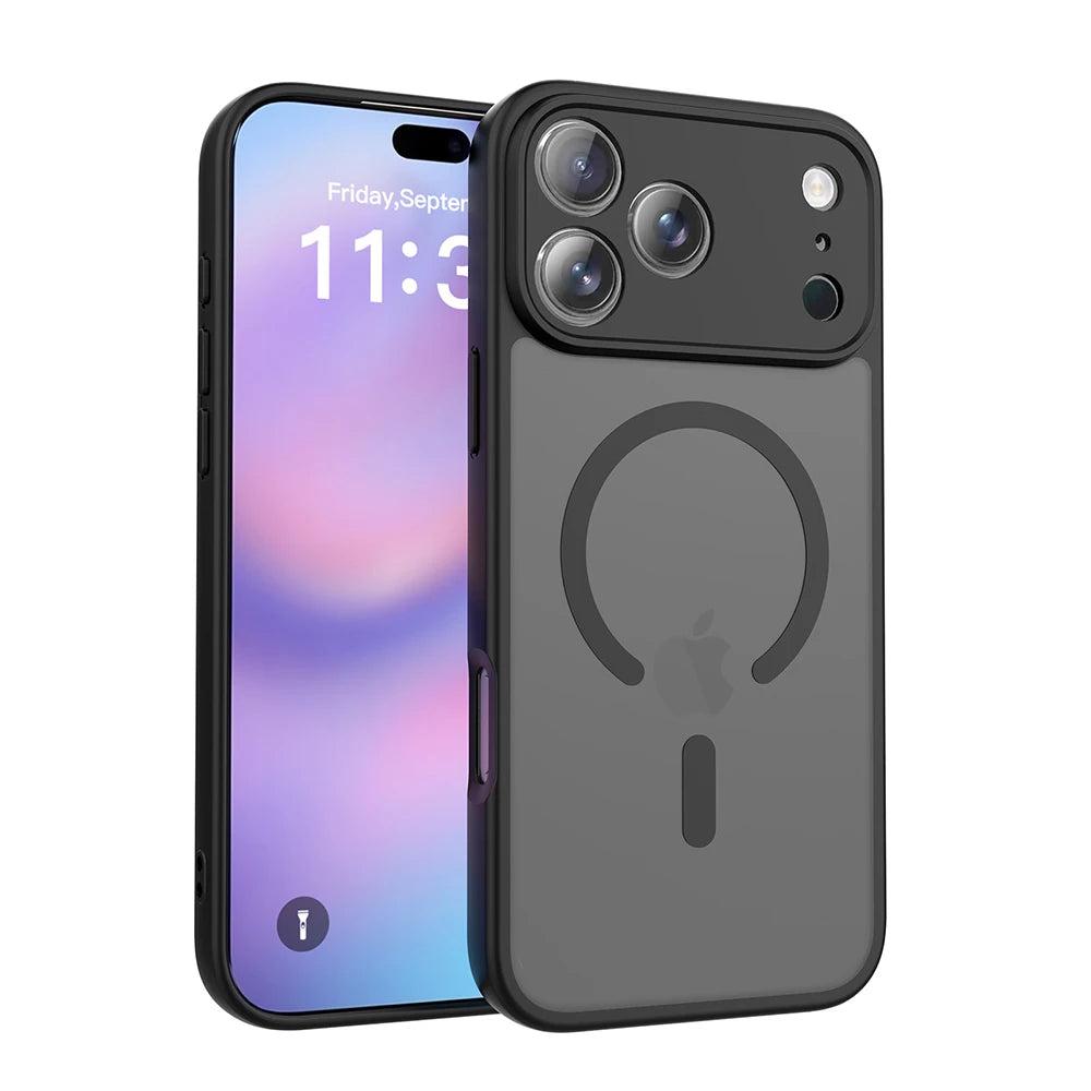 Black matte translucent MagSafe shockproof case for iPhone 17 to 12 series, front and back views