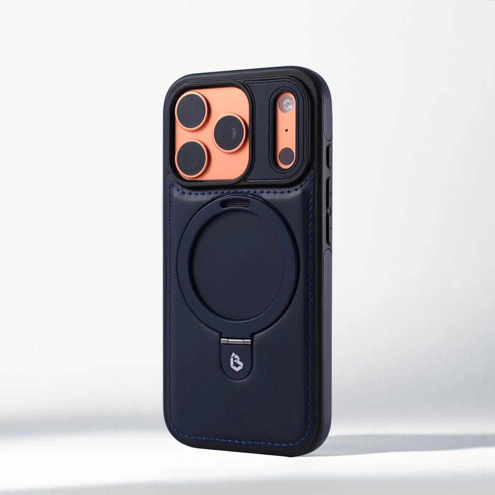 Blue 360-degree magnetic ring stand PU leather shockproof case for iPhone 18, 17, Air, 16, 15, 14, 13 and 12 series