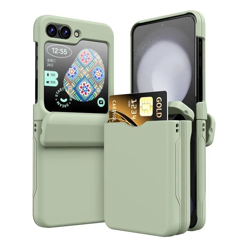 Green Galaxy Z Flip card holder hinge case, front and back view