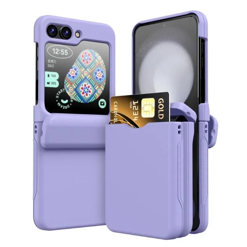 Purple card holder hinge case for Galaxy Z Flip, front and back view with a card in the back slot