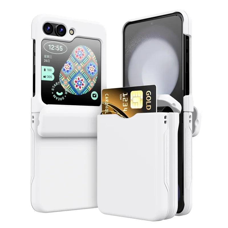 White Galaxy Z Flip card holder hinge case, front and back view