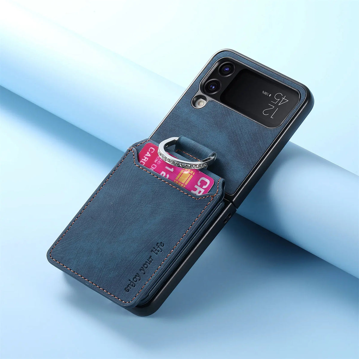 Blue vintage leather ring wallet case for Galaxy Z Flip